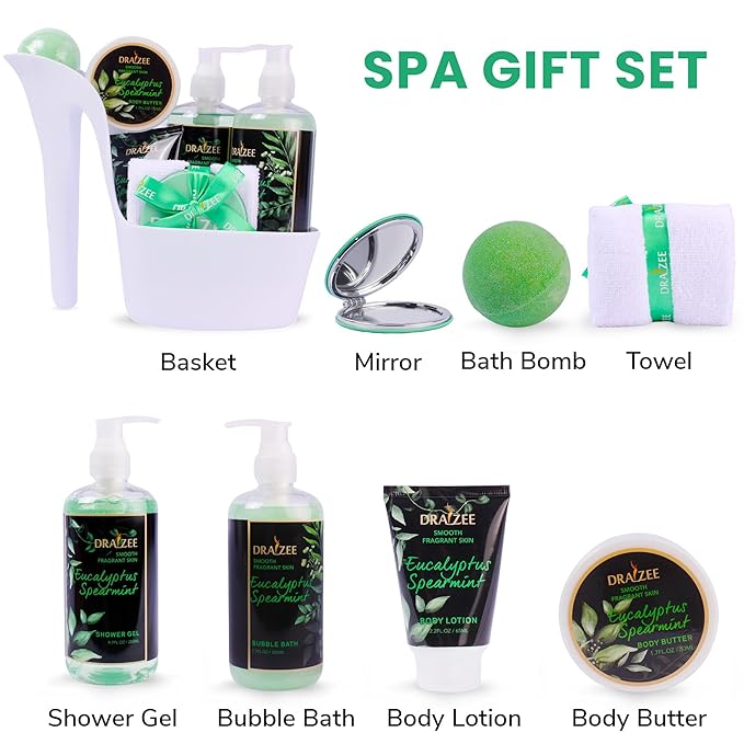 Draizee Luxury Spa Gifts for Women – 8 Pc Eucalyptus Spearmint Bath & Body Set with Bubble Bath, Lotion, Body Butter & More – Self Care Gift Basket for Wife, Mom, Girlfriend