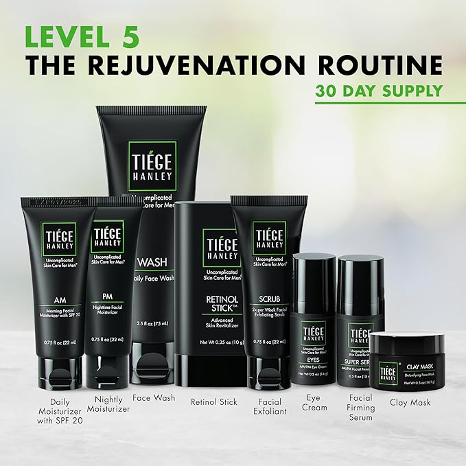Tiege Hanley Men’s Skin Care Set, Rejuvenation Routine (System Level 5) – Face Wash, Scrub, Moisturizer, Eye Cream, Serum, Clay Mask, Retinol Stick & PM Moisturizer for Anti-aging