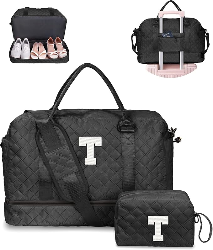 Granddaughter Gifts-Initial Duffle Bag with Shoe Compartment, Personalized Weekender Bag, Overnight Bag, Letter Travel Bag with Makeup Bag,Birthday Gift Graduation Gifts for Her (Letter T)