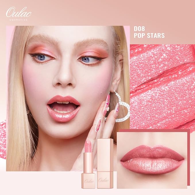 Oulac Moisture Pink Lipstick Set 3PCS - Infinity High Shine Finish, Hydrating Vegan Lipstick Infused with Damask Rose Oil for All-Day Comfort, Gluten-Free, PG03+PG10+D08