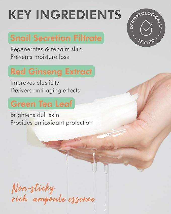 DERMAL Seoul Face Snail 3X Daily Quick Mask 36 Sheet – Korean Skincare Vegan Tencel Facial Masks - Skin Repairing, Anti Aging Face Mask Sheets with Ginseng Root, Green Tea Leaf Extract