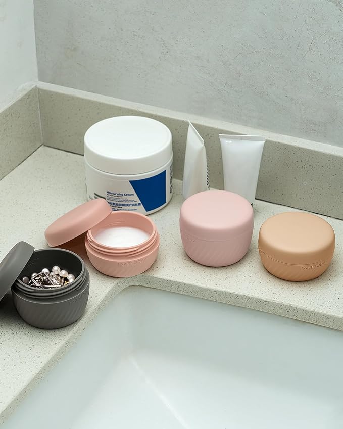 TakeToday Travel Containers for Toiletries, Leak-proof, TSA Approved, Refillable Silicone Cream Jars with Lid Travel Size Essential for Cosmetic toiletry Cream, 2oz, 4 Pack (Apricot)