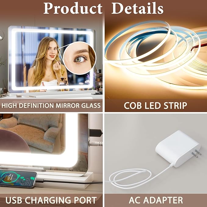 FENNIO Vanity Mirror with Lights 32"x22", Lighted Makeup Mirror, Large Vanity Mirror with Lights, Touch Sensor with 3-Color Lighting, USB Charging Port for Vanity Desk Tabletop