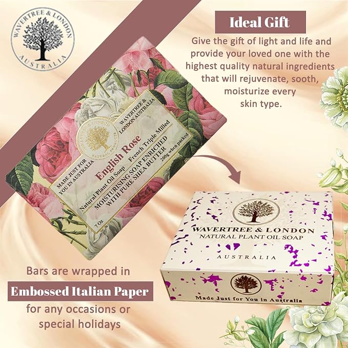 Wavertree & London English Rose Scented Natural Soap Bars for Women & Men (2 x 7oz) โ Moisturizing Triple-Milled Soap Bars Enriched with Shea Butter โ Plant-Based Bath & Body Bar for All Skin Types