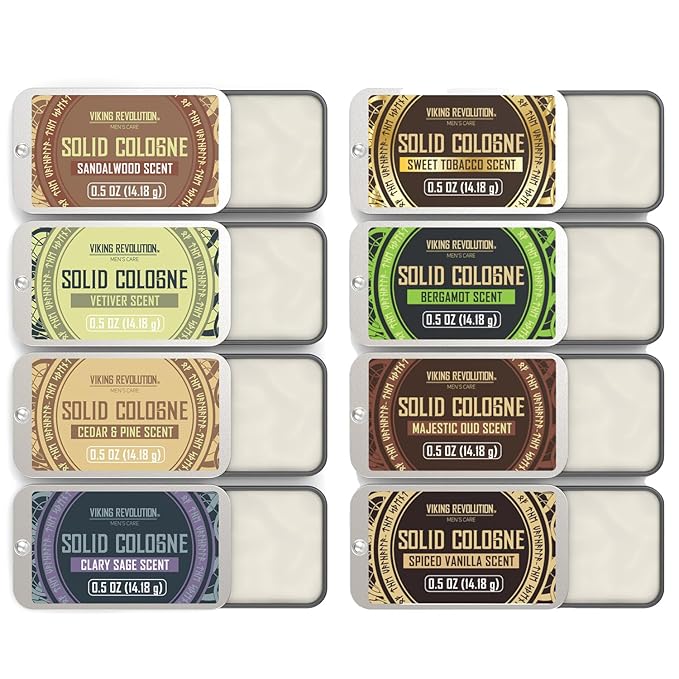 Viking Revolution 8 Pack Solid Cologne for Men - Men's Cologne Gift Set Including Sandalwood, Vetiver, Sweet Tobacco, Clary Sage, Spiced Vanilla, Cedar Pine - Travel Size Gifts for Men (0.5 Oz each)