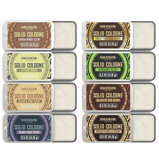 Viking Revolution 8 Pack Solid Cologne for Men - Men's Cologne Gift Set Including Sandalwood, Vetiver, Sweet Tobacco, Clary Sage, Spiced Vanilla, Cedar Pine - Travel Size Gifts for Men (0.5 Oz each)