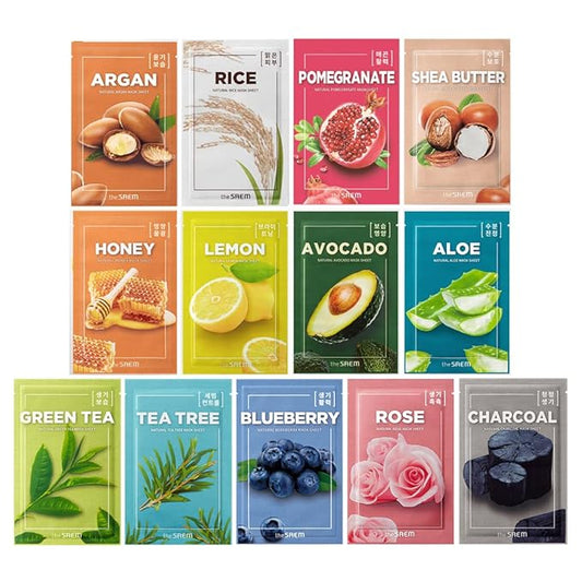 THESAEM Natural Facial Mask Sheet 21ml 13 Pack - Korean Skincare Moisturizing and Nourishing Facial Mask Sheet Variety Combo Pack