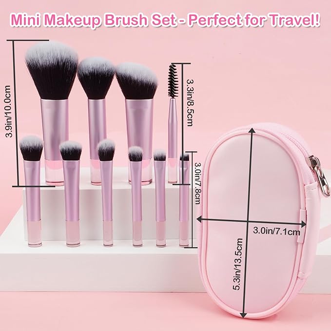 Kingtree 10PCS Mini Makeup Brushes with Pouch, Portable Makeup Brush Travel Set, Easy-taken ON THE GO Makeup Brush Full Complete Function Cosmetic Brushes for Girls