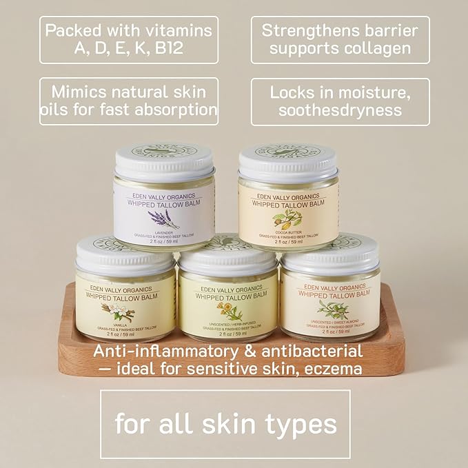 Grass Fed Beef Tallow Moisturizer with Organic Olive Oil & Vanilla | Natural Body Butter for Dry, Sensitive & Eczema-Prone Skin | Face, Hands & Body Cream | Nourishing Anti-Aging Balm | 2 fl oz