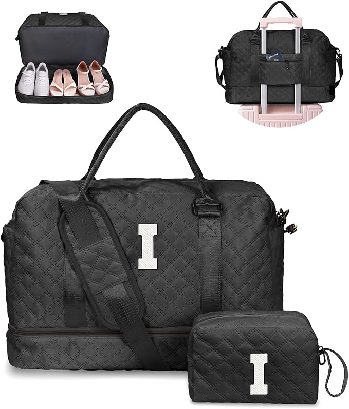 Gifts for Friends-Initial Duffle Bag with Shoe Compartment, Personalized Weekender Bag, Monogram Overnight Bag, Travel Bag with Makeup Bag,Birthday Gifts Bag for Daughter Sister (Letter I)