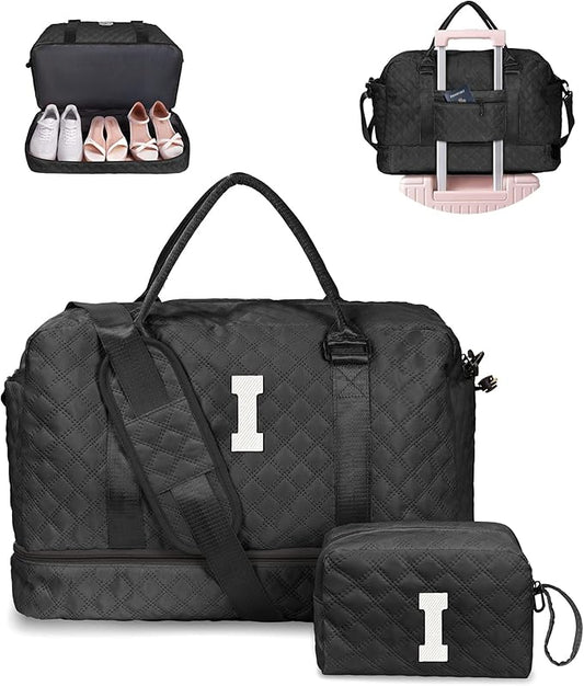 Gifts for Friends-Initial Duffle Bag with Shoe Compartment, Personalized Weekender Bag, Monogram Overnight Bag, Travel Bag with Makeup Bag,Birthday Gifts Bag for Daughter Sister (Letter I)