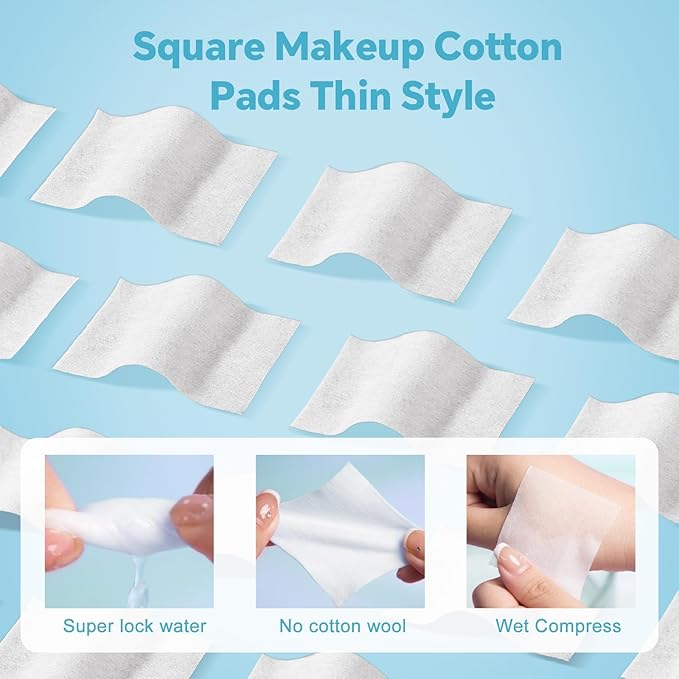 Square Cotton Pads for Face (500 Count) - 100% Pure Cotton, Soft Lint-Free Makeup Remover Pads for Facial and Eye Use, Double-Sided Design to Save Water, Hypoallergenic (100 Thick & 400 Ultra-Thin)