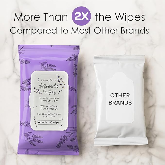 Lavender Face Wipes - 120 pcs - Gentle Makeup Remover Wipes for Women - Facial Cleansing Wipe with Aloe, Castor, Vitamin A and E - Extra Soft - Moisturizing