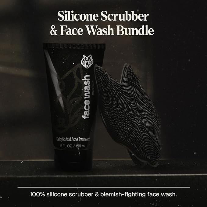 Black Wolf Charcoal Face Wash & Silicone Scrubber Set for Men - Daily Grooming & Hygiene Essentials for Mens Skin Care
