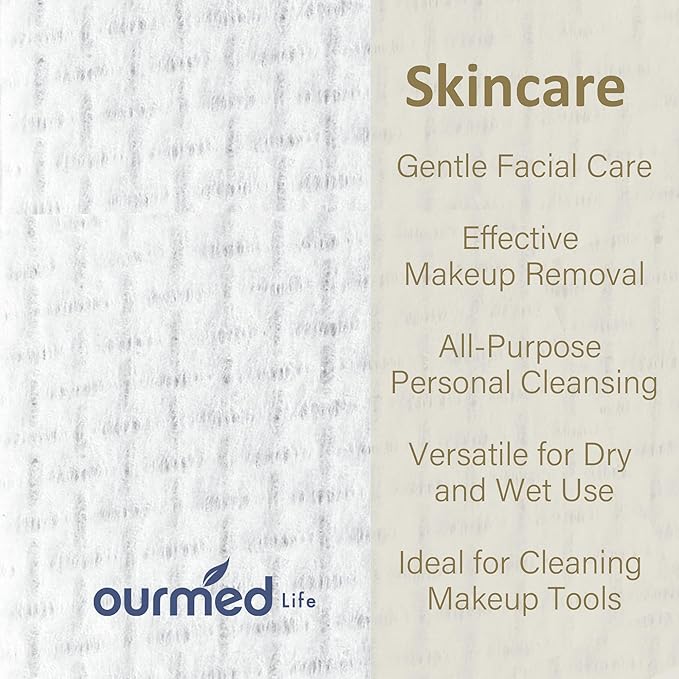Ourmed Life Face Towels, Disposable Biodegradable Facial Towels for Sensitive Skin, Lint- free Face Wipes for Washing Face, Skincare and Makeup Remover, Dry Wipes, 10"×12" Extra Large, 100 Count