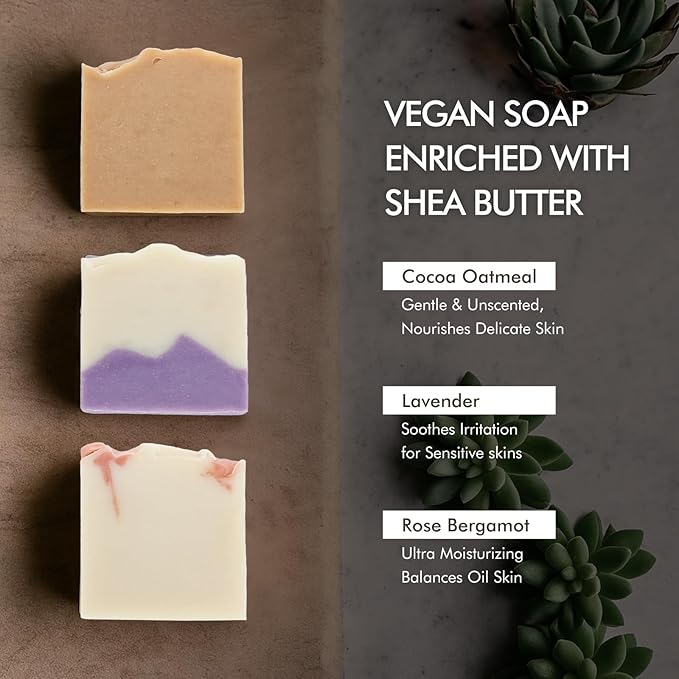 Natural Amor All Natural Handmade Soap Bar, Nourishing 3 pack- Rose Bergamot, Lavender, Unscented Oatmeal Bar Soap, 4.3 OZ each