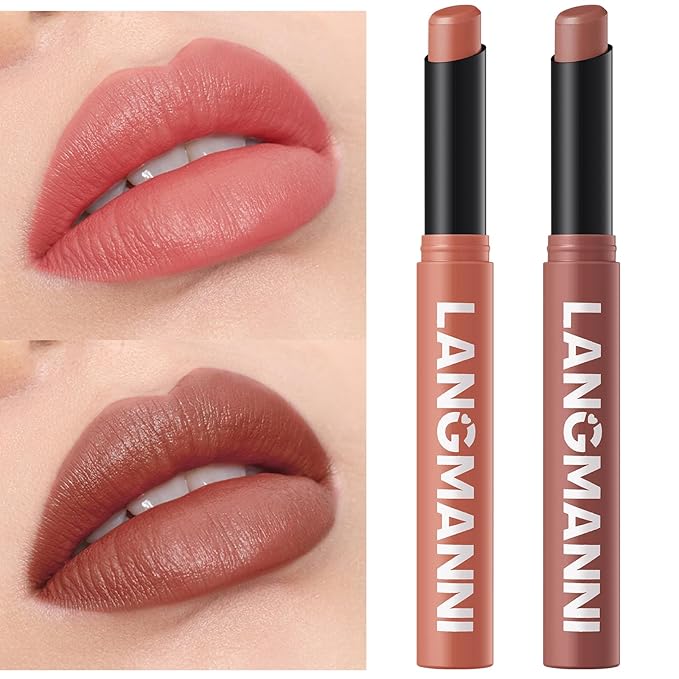 Jolilab 2Pcs Velvet Matte Lipstick Nude Matte Soft Dark Color Stick High Pigmented Long-Lasting Waterproof Lip Stick Lip Balm Beauty Cosmetics Gift for Girls and Women(05#+06#