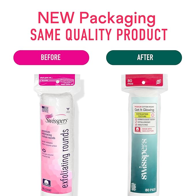 Swisspers Premium Exfoliating Cotton Rounds – 80 Count (Pack of 3) – 100% Pure Cotton, Dual-Sided Surface Pads for Gentle Exfoliation, Optimal Cleansing and Makeup Removal