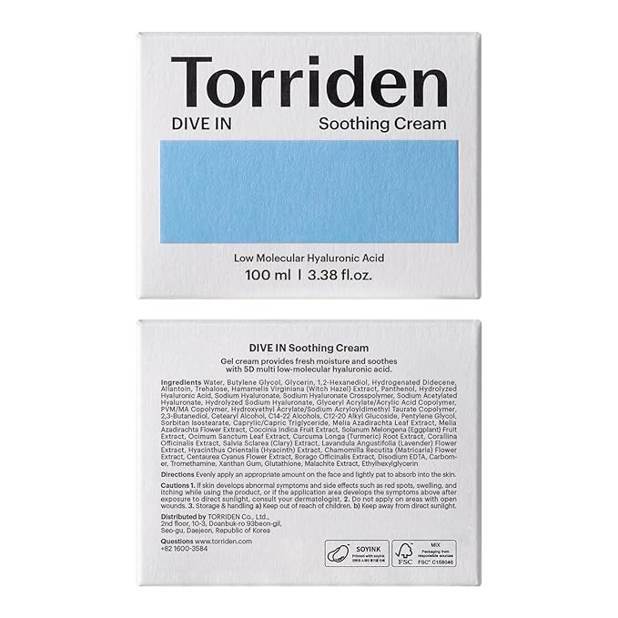 Torriden DIVE IN Hyaluronic Acid Soothing Cream 100ml (3.38 fl. oz) | Revitalizing Facial Moisturizer for Sensitive and Dry Skin | Hyaluronic Acid, Panthenol, Allantoin