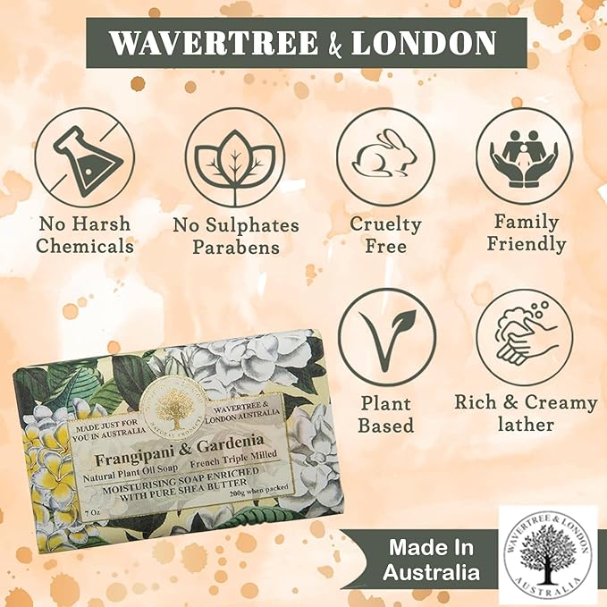 Wavertree & London Frangipani Gardenia Scented Natural Soap (2 Bars), 7oz Moisturizing French Triple Milled Soap Bars enriched with shea butter - Pure Plant Based Bath & Body Bars for All Skin Types