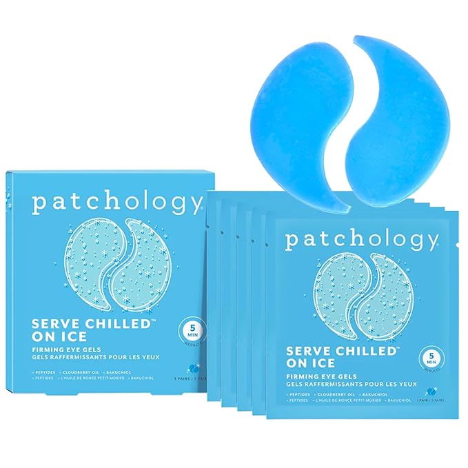 Patchology Iced Cooling Under Eye Mask Patches with Peptides, Cloudberry Oil and Bakuchiol. Cool eye gels to firm skin and soothe, reduce fine lines and under eye bags 5 Pair