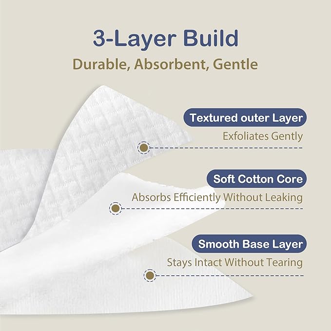 Ourmed Life Large Cotton Pads for Makeup Removal, Soft & Lint-Free Face Pads with Pressed Seam Design, Durable Makeup Remover Pads for Facial Cleansing on All Skin Types, 3x3 Inch, 60 Count