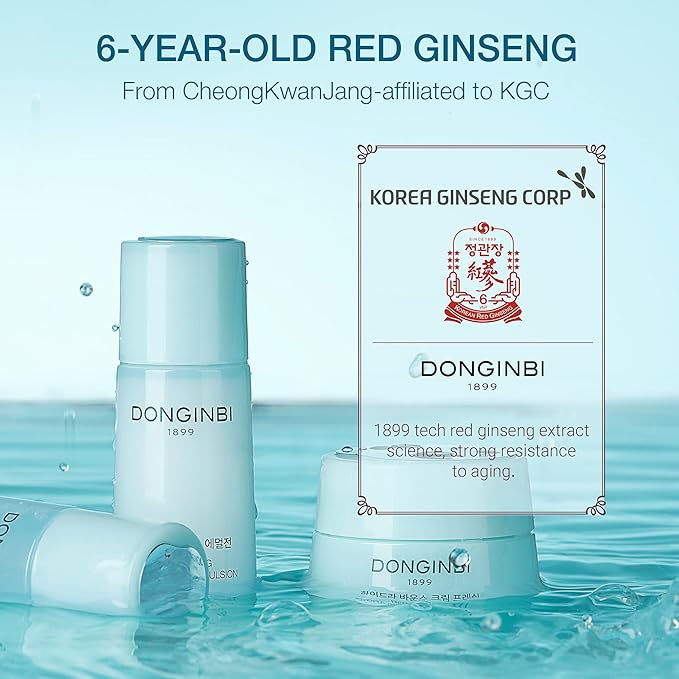 Donginbi Red Ginseng Hydra Bounce Cream Fresh Travel Kit - Hydrating Toner with Hyaluron Acid, Soothing & Firming Cream, Red Ginseng Essence, Korean Skin Care Set Gifts for Women