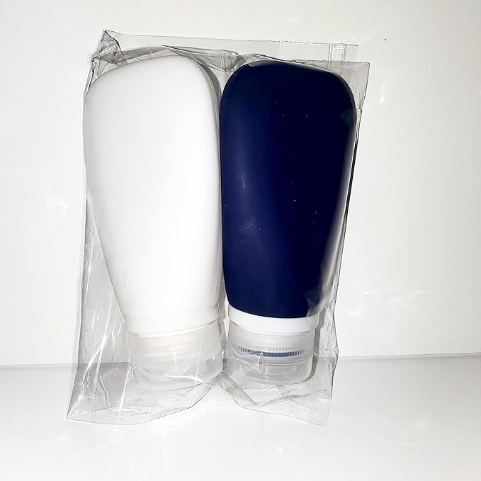 Travel Bottles for Toiletries, TSA Approved 3oz Leak Proof Silicone Refillable Squeeze Travel Size Containers BPA Free for Cleansers, Lotions, Shampoo 2pk (Navy Blue-White)
