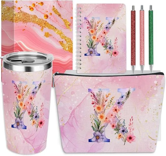 Personalized Gifts Monogrammed Birthday Gifts for Women, Soul Sister Bachelorette Party Wedding Christmas Initial 20 oz Tumbler, Makeup Bag Cup Pens Journal Notebook 6 Set, (Aesthetic Pink Flower K)