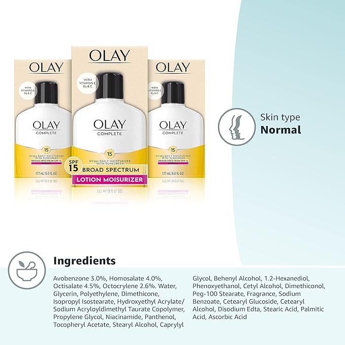 Olay Complete Lotion Moisturizer with Sunscreen SPF 15 Normal, 6.0 Fluid Ounce, 3 Count