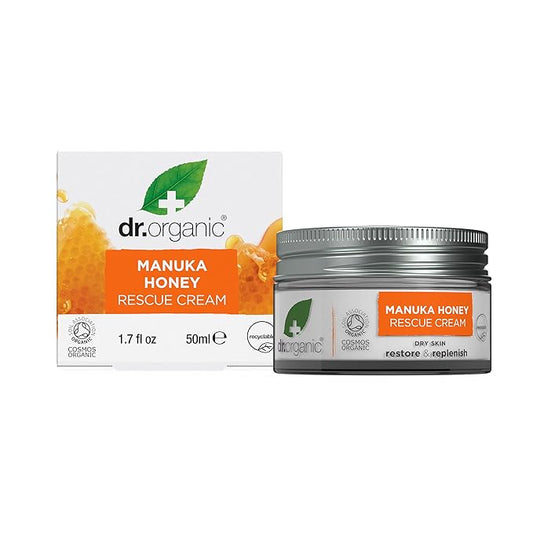 Dr. Organic Manuka Honey Rescue Cream | Nourishing and Soothing Face Cream for Dry Skin, Intensive Hypoallergenic Emollient, Certified Organic, Paraben & SLS-Free, Natural, 50 ml / 1.7 fl oz