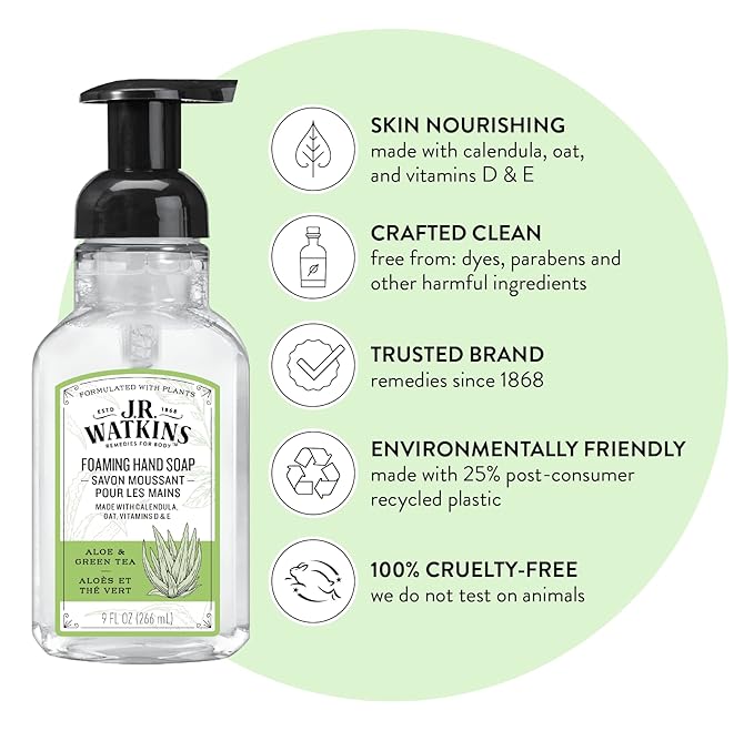 J.R. Watkins Foaming Hand Soap with Pump Dispenser, Moisturizing Foam Hand Wash, Alcohol-Free, Cruelty-Free, Aloe & Green Tea, 9 fl oz, 3 Pack