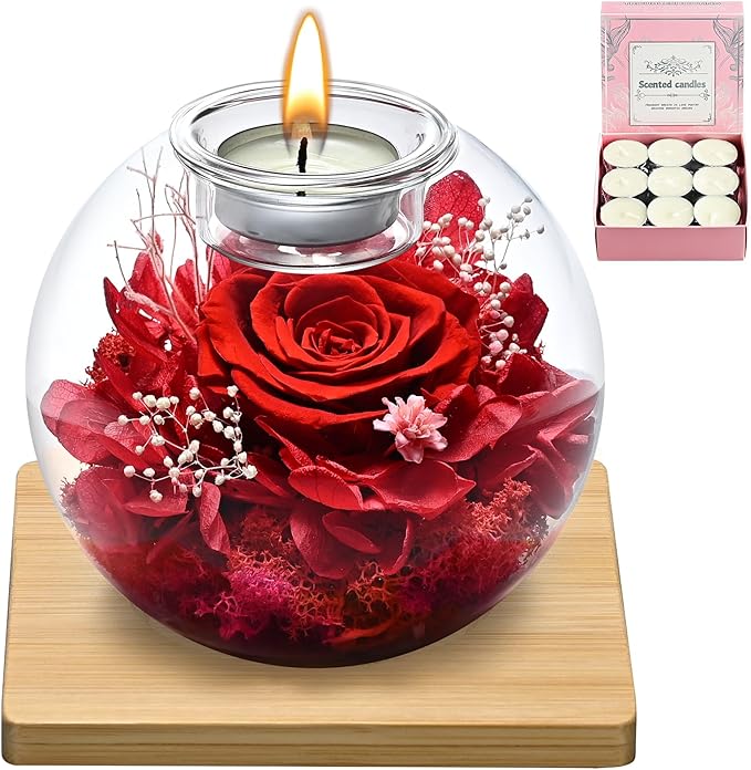 Birthday Gifts for Women,Eternal Preserved Real Rose with Scented Candle(Vinilla9Pcs+Rose9Pcs),Preserved Rose in Glass Dome, Christmas Valentine for Her Mom Girlfriend,Home Decor