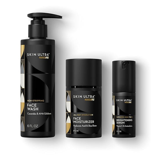 MANSCAPEDยฎ Skin Ultraโข Daily Regimen - Men's Skincare Routine Essentials with Face Wash, Face Moisturizer & Brightening Serum Formulated with A Ceramide Complex for Cleansing, Exfoliating & Hydration