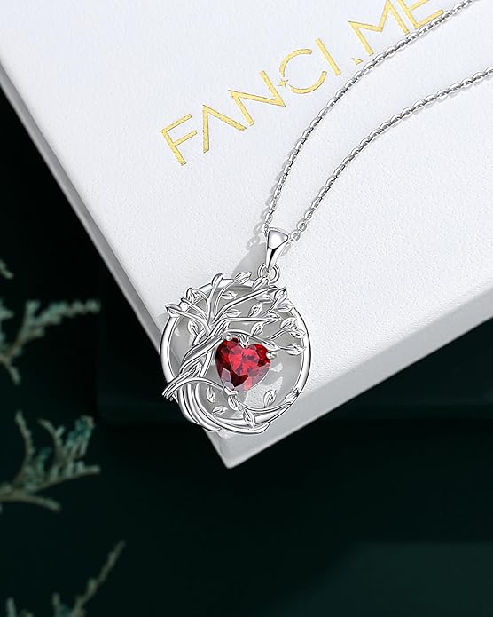 FANCIME Tree of life Birthstone necklace Sterling Silver Pendant Birthstone Necklace Gemstone Anniversary Birthday Jewelry Christmas Gifts for Mom Her Wife