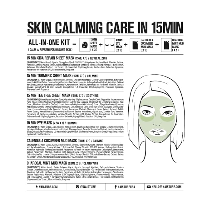 15 Min Rescue Me Kit by Naisture – Korean Spa and Skincare Kit for Women with Cica, Turmeric, and Tea Tree Sheet Masks, Eye Mask, Calendula Cucumber Mask, and Charcoal Mint Mud Mask for Redness Repair