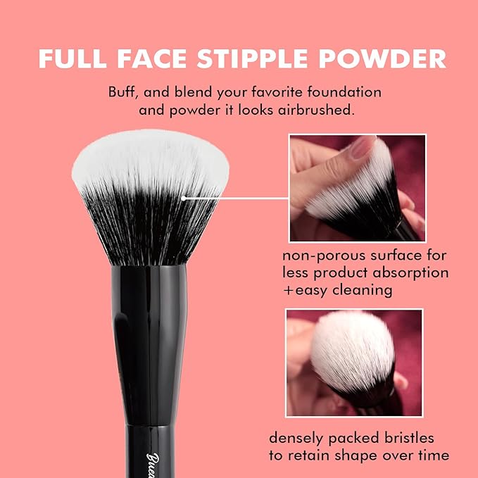 Bueart Design Full Face Powder Makeup Brush with Wooden Handle for setting,Blush,Bronzer,Highlighter,Extra Large Stipple Brush M3