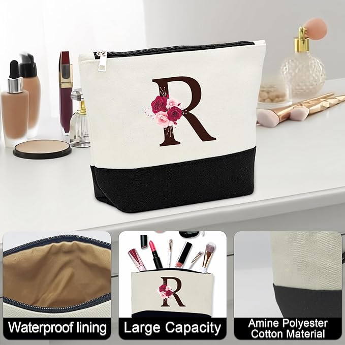 Birthday Gifts for Women,Initial Canvas Tote Bag,Monogrammed Gift for Women,16oz Initial Glass Cup,Makeup Bag with Zipper,Jewelry Organizer Box,Personalized Gifts for Mom-R