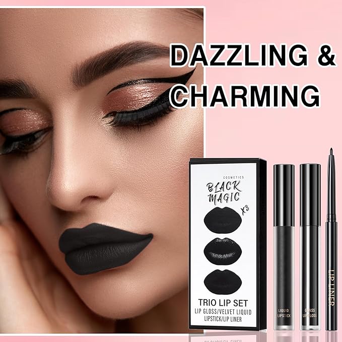3 in 1 Black Matte Lipstick and Lip Liner Set, Liquid Lipstick Lip Gloss, Smudge Proof, Waterproof and Long Lasting for Halloween Cosplay Goth Makeup