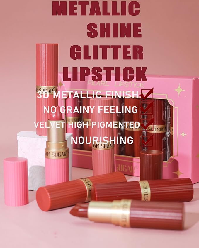 Sparkling Glitter Lipstick Set,6 Pcs Shimmer Nude Pink Brown Dark Rose Red Lip Gloss for Women Long Lasting Waterproof Metallic Diamond Shiny Lipstick Non-Stick Lipgloss Lip Color labiales Makeup Gift