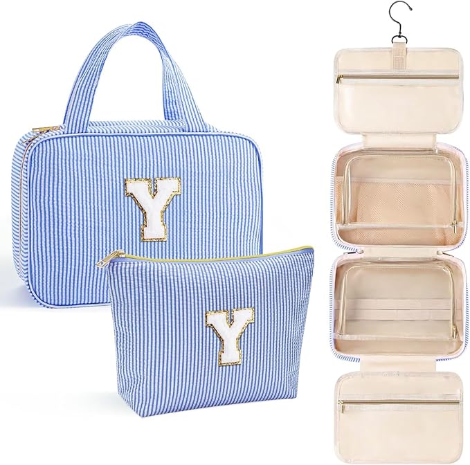 YOOLIFE Travel Toiletry Bag for Women - Hanging Toiletry Bag Makeup Bag, Portable Toiletries Travel Bag and Cosmetic Bag Essentials - Letter Y, Blue
