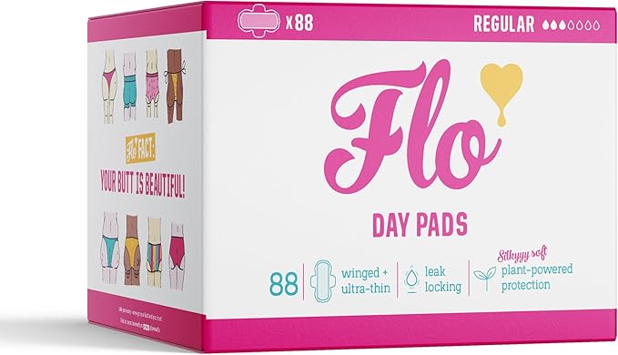 Flo Bamboo Day Period Pads with Wings - Super Absorbent, Soft, Thin (88 Pads)