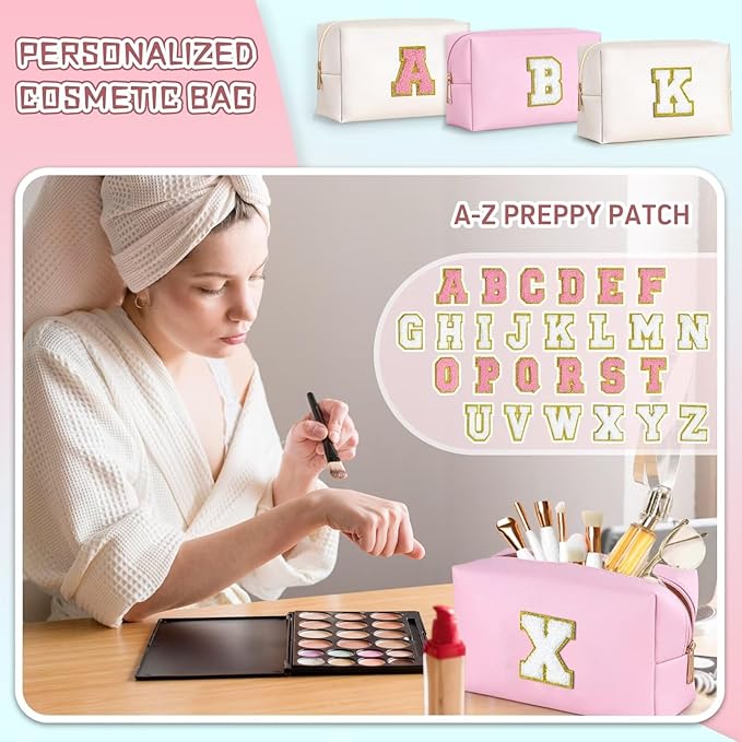 TOPEAST Initial Makeup Bag, Birthday Gifts for 4 5 6 7 8 9 10 11 12 Year Old Girls, Personalized Preppy Cosmetic Bag | Leather Toiletry Bag | Gifts for Teen Girls Kids (Pink E)