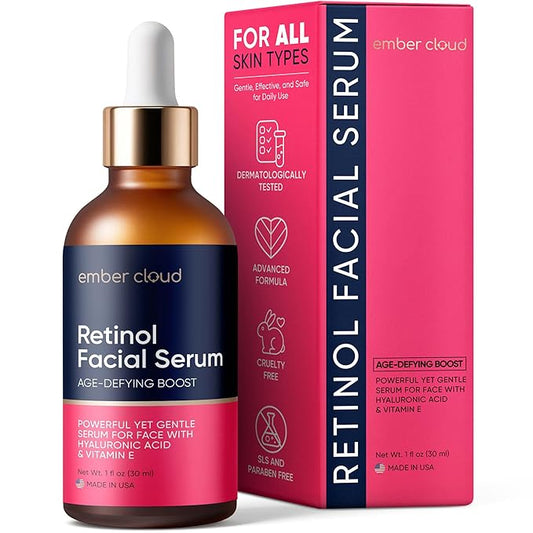 Retinol Serum for Face with Hyaluronic Acid, Vitamin E & Aloe Vera Anti-Aging Serum - All Skin Types - Supports Even Tone - Day and Night - Made in USA - 1 Oz