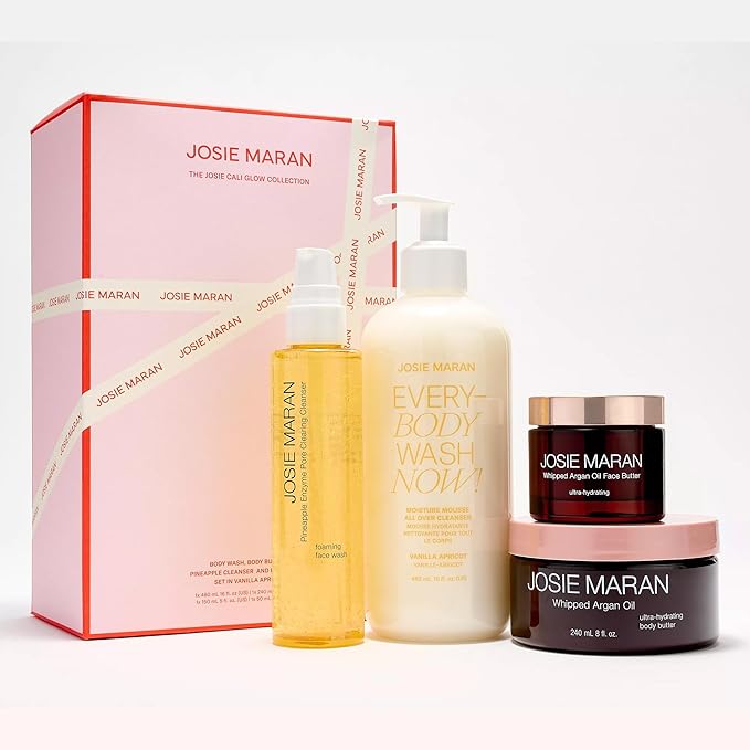 Josie Maran Face & Body Care Trio Gift Set - 3-Piece Kit Includes EveryBODY Wash, Whipped Argan Body Butter & Pineapple Cleanser - Exfoliates, Cleanses & Nourishes Skin - Vanilla Apricot (3 Count)