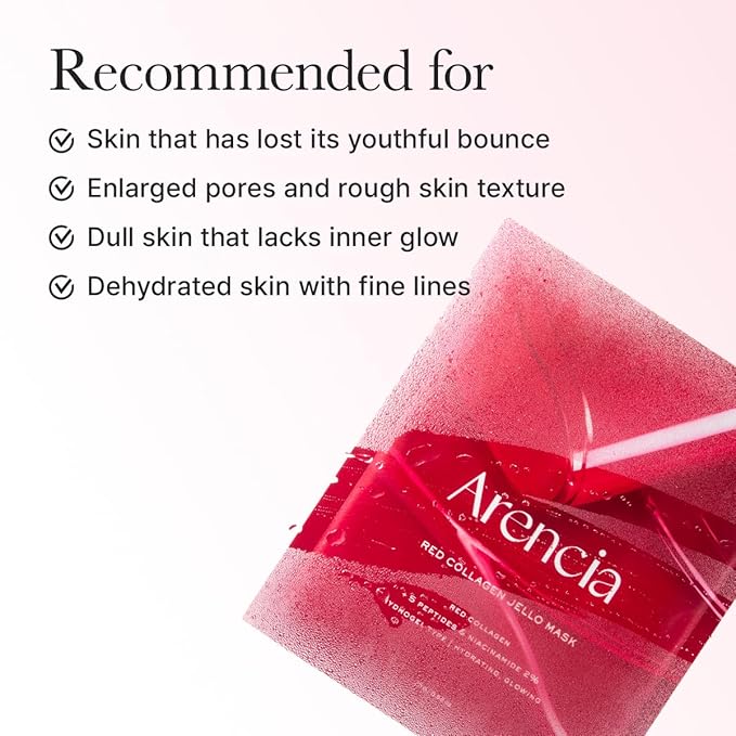 ARENCIA Red Collagen Jello Mask, Plump & Hydrating x 4ea, Overnight Hydrogel Mask for Dry, Mature Skin, Packed with Collagen, 5 Peptides, 2% Niacinamide