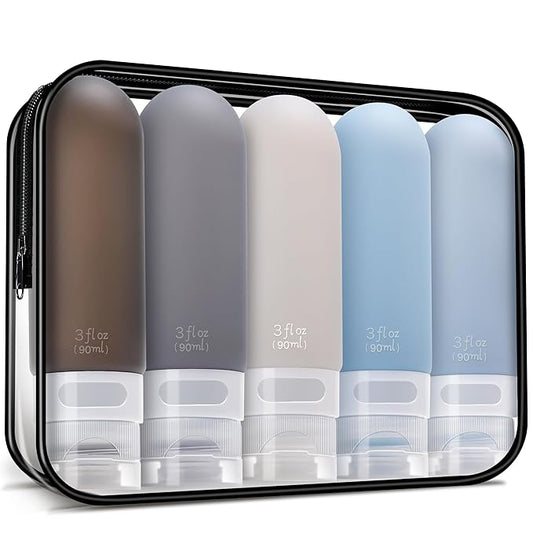 Travel Bottles for Toiletries,3oz Leak Proof Squeezable Travel Size Containers, 5 Pack TSA Approved Travel Essentials for Shampoo Conditioner,Silicone,Black Pack