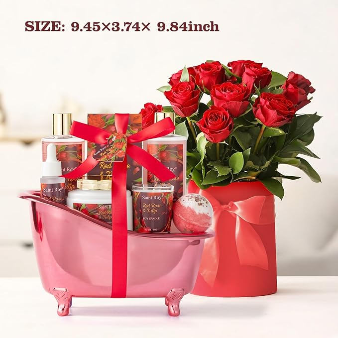spa kit Gifts for Her Mother's Day Bath Spa Gift Set Red Rose & Tulip Spa Basket Kits for Women, Contains Body Oil, Body Lotion, Salt, self care baskets for women gift Mother's Day Gift for Mom