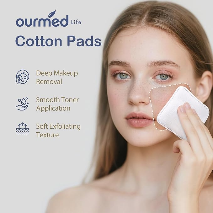 Ourmed Life Large Cotton Pads for Makeup Removal, Soft & Lint-Free Face Pads with Pressed Seam Design, Durable Makeup Remover Pads for Facial Cleansing on All Skin Types, 3x3 Inch, 60 Count
