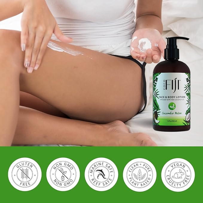 Coco Fiji Face & Body Lotion Infused With Coconut Oil | Lotion for Dry Skin | Moisturizer Face Cream & Massage Lotion for Women & Men | Cucumber Melon 12 oz, Pack of 3